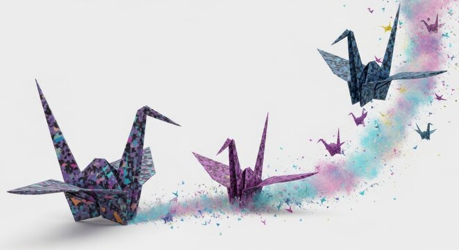 A group of colorful origami cranes flying in a creative and artistic formation