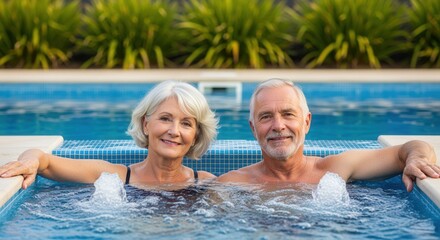 Fototapeta premium happy senior couple relaxing in a luxurious outdoor swimming pool on a sunny day