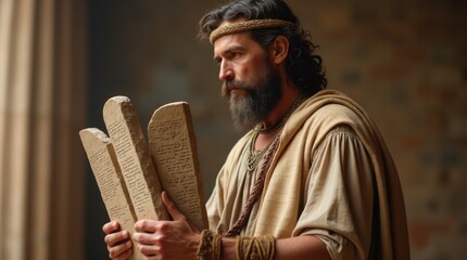 Obraz premium Man holding stone tablets with ancient hebrew inscriptions. Religious figure representing biblical prophet Moses. Faith, divine law and spiritual commandment concept for christian tradition.