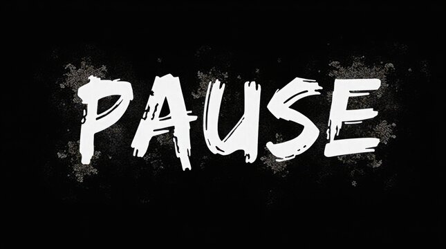 White word pause on black distressed background with glitch effects. Text conveys stop, break, wait, or delay. Modern grunge art style suitable for digital media.