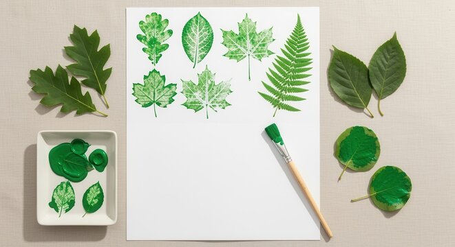 leaf painting project with green leaves and vibrant textures on white paper canvas