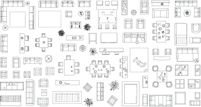 Blueprint furniture arrangement isolated on transparent background detailed architectural plans and interior design elements