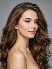 Fototapeta premium Portrait of a young woman with long voluminous wavy brown hair. Female model with natural makeup and bare shoulders on a gray background. Haircare and beauty salon concept