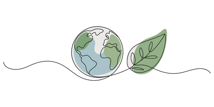 Continuous one line drawing of hands holding green earth with leaves for world environment day celebration, Earth day one line art design. Plant leaves, globe and hand drawn lettering. minimalist pro.