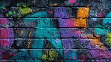 Obraz premium Vibrant street art with colorful splashes on a textured brick wall.