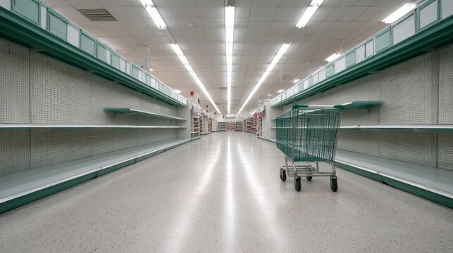 Empty Supermarket Aisle After Closing Hours with Shelves and Shopping Cart