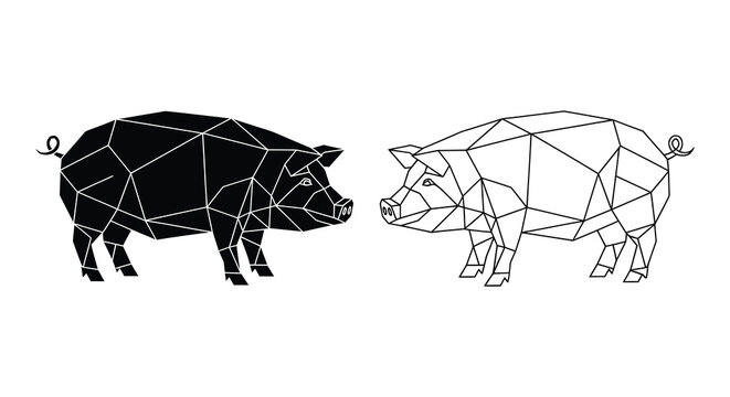 Geometric pig designs in black and white featuring a polygonal silhouette