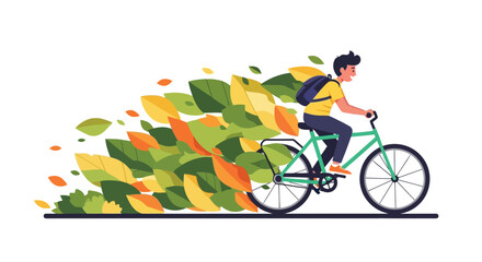 Fototapeta premium Illustration of a person rides a bicycle with a trail of colorful autumn leaves flowing behind them, symbolizing movement and season
