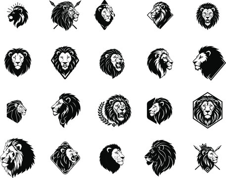 Versatile lion head illustration pack featuring different styles and expressions.