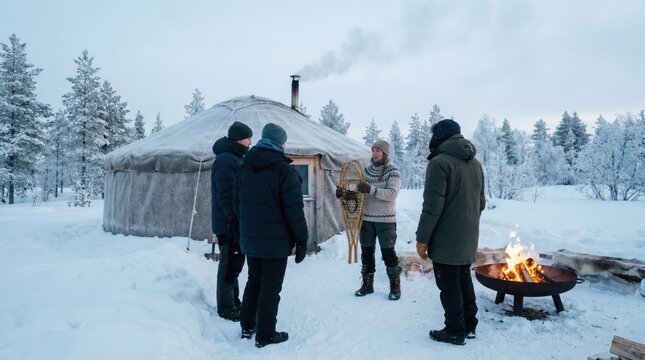 Group gathered near yurt with fire and snowshoes in winter