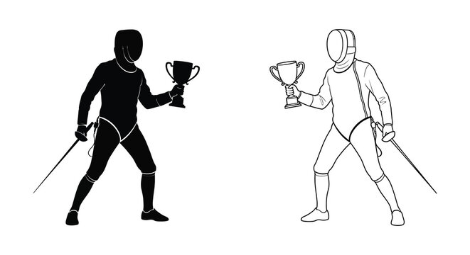 Fencing athletes with trophies depicted in contrasting styles including a silhouette