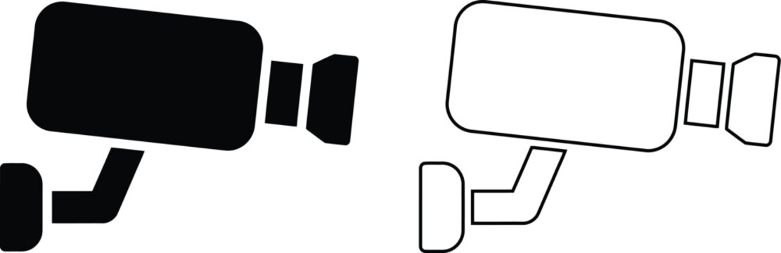 Vector icon set featuring a video surveillance CCTV security camera for safety protection in solid black silhouette and linear outline styles