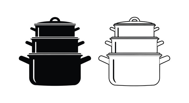 Two stacks of cooking pots one dark and one light in silhouette