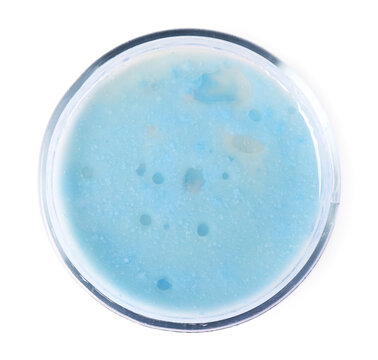 Biochemistry. Petri dish with sample isolated on white, top view