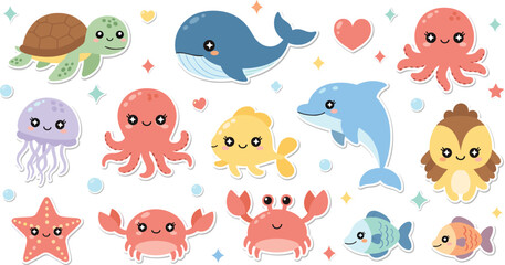 Obraz premium Cute Marine Animal Characters Set Featuring Turtle Whale Dolphin Octopus Jellyfish Crab and Fish for Kids Ocean Cartoon Illustration Design.
