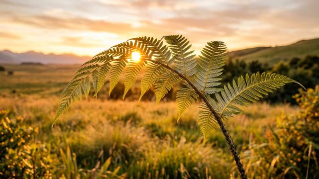 new zealand silver fern close up with sunlight in background
