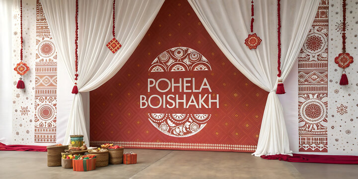 Pohela boishakh stage decoration with traditional bengali new year motifs, south asia
