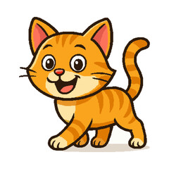 Fototapeta premium A cheerful orange tabby cartoon cat with a big smile walking on a white background with a light brown shadow