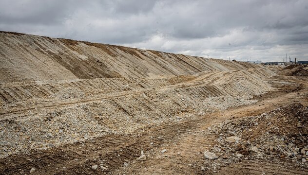 Dynamic medium shot capturing the textured layers of limestone and clay mixed in windrows at a blending yard set against a gray cloudy backdrop.