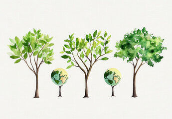 Fototapeta premium Watercolor tree grove with copy space, green foliage, earth globe, nature conservation