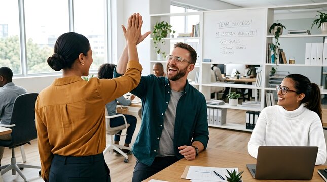 Two smiling colleagues high-fiving in a modern office, celebrating success and teamwork.
