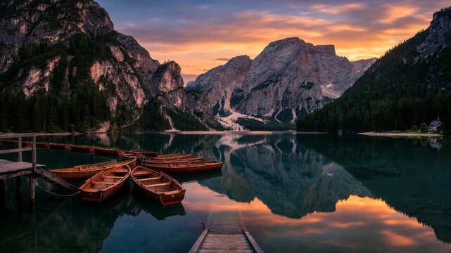 scenic pragser wildsee boats at sunset sud tirol italy timelapse