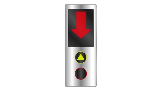 Silver elevator indicator going down animation with glowing red arrow moving downward continuously and button flickering on white background and green screen. 4K animated for lift indicator overlay.