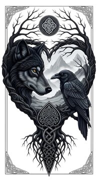 Celtic Wolf and Raven Mystical Heart Illustration
