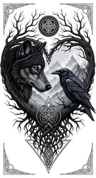 Celtic Wolf and Raven Mystical Heart Illustration