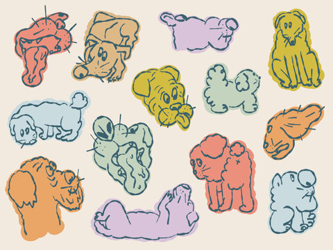 Playful hand-drawn doodle set with silly and awkward dogs. Naive, imperfect vector illustrations for stickers, social media, pet brands, veterinary design, dog training, packaging, and fabric.