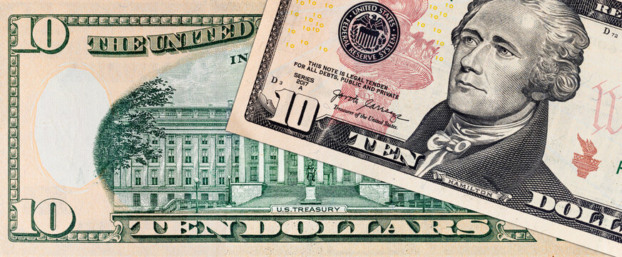 10 dollar banknote for design purposes. Money of the United States of America. Elements of paper bills.