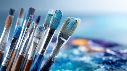 Fototapeta premium Close-Up of Paintbrushes on a Painter's Palette with Mixed Colors