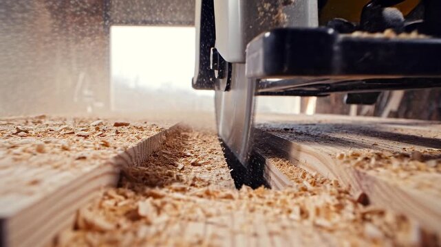 circular saw cutting wood close-up, spinning blade slicing board with flying sawdust in workshop, carpentry process, construction work, power tool operation and precision cutting