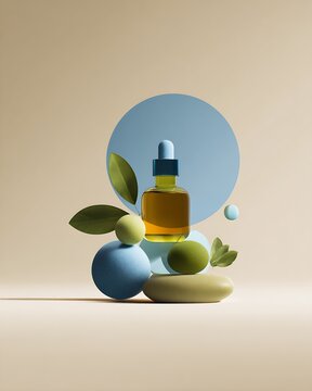 Amber glass dropper bottle on stacked pastel stones with botanical leaves and blue geometric backdrop, minimal skincare product composition