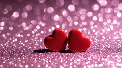 Obraz premium Two red heart shapes leaning together on pink bokeh background