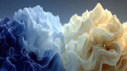 Elegant ruffles in soft blue and cream tones. Light catches each delicate, undulating fold. Textures glow with a gentle, dreamy sheen. Ideal for luxury fashion, spa, or abstract design