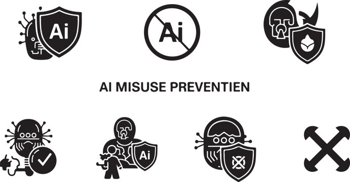 AI safety icons, misuse prevention symbols, artificial intelligence security graphics, black vector illustrations