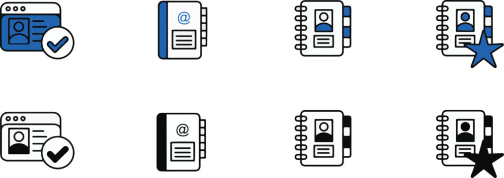 Set of eight UI document icons with checkmarks stars on transparent background for business organization and productivity concepts
