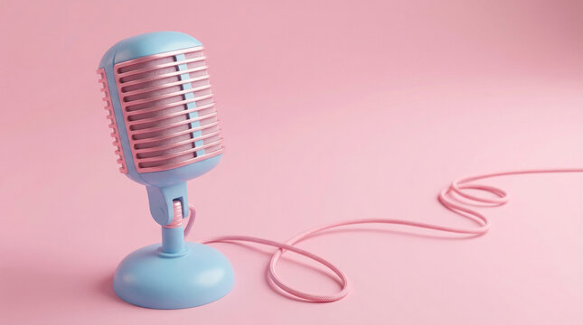 Retro blue microphone with pink cord on pastel pink background, studio shot