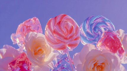 Pastel roses glow beside swirling lollipops. Soft purple sky frames sweet treats. Dreamy scene evokes childlike wonder. Ideal for whimsical design or festive projects. Vibrant colors invite joy