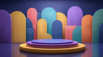 Colorful abstract arches frame a minimalist pedestal. Vibrant hues and soft textures create a modern aesthetic. Ideal for product displays or creative presentations. Elegant design invites attention