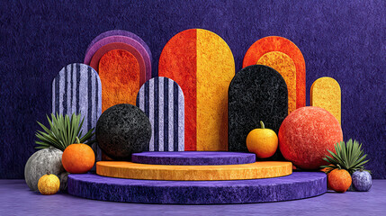 Vibrant abstract shapes glow against deep purple backdrop. Colorful, textured forms rise like stylized architecture or festive display. Plush spheres, spiky plants