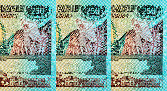 250 Gulden Suriname banknote featuring anti-colonial author Anton de Kom, national currency of Suriname. Vintage money of Suriname