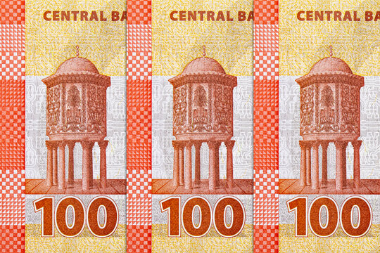 100 pound banknote Syria, fragment for designers. Paper money of Syria.