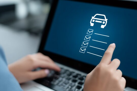 Car inspection checklist on laptop screen. Person analyzing vehicle maintenance report. Auto service concept