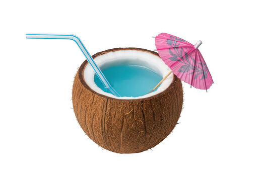 Coconut drink with blue straw and pink umbrella isolated on transparent background