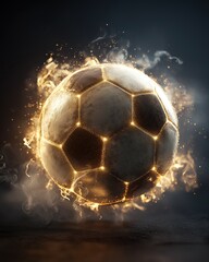 Fototapeta premium Soccer ball surrounded by flames and light effects in dark space