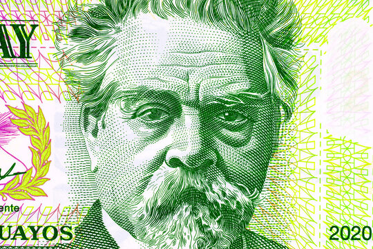 20 Uruguay Pesos banknote. Polymer money with portrait of famous poet Juan Zorrilla de San Martіn. Uruguay money.