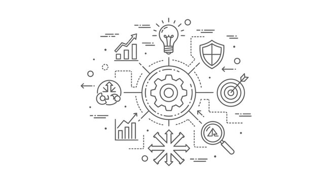 Gear icon acts as a central hub connected to various symbols representing innovation, analytics, and strategy to demonstrate the integrated nature of modern industrial and corporate operations.