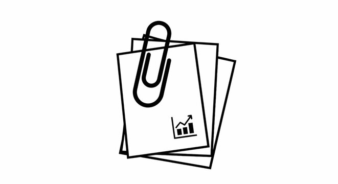 Paperclip holds together a small stack of white documents featuring a business growth chart icon to visually represent the organized collection of corporate financial records for professional.
